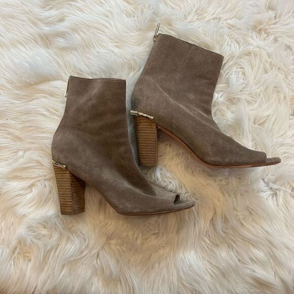 Elaine Turner bootie size 9.5 tan grey open toe gold heel trim - Picture 3 of 10